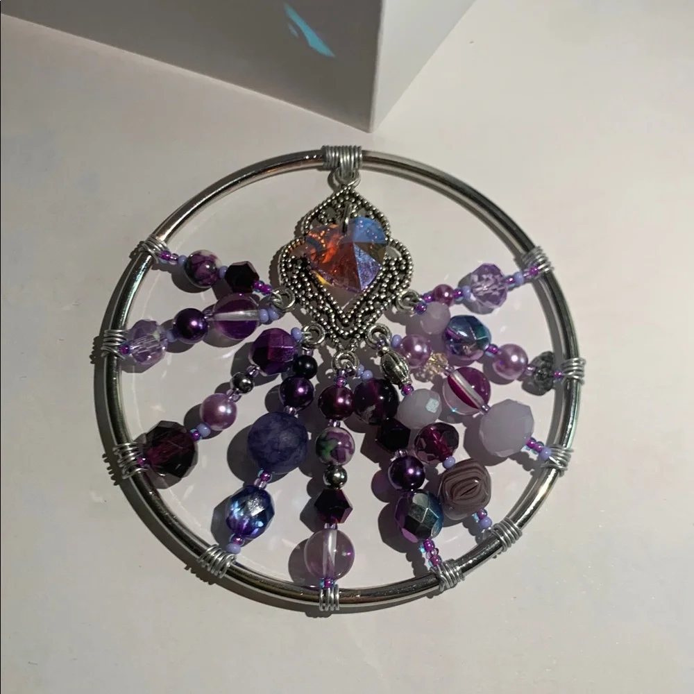 Handcrafted Silver and Purple Beaded Wire Wrapped Ornament with Hear Pendant - Picture 8 of 8